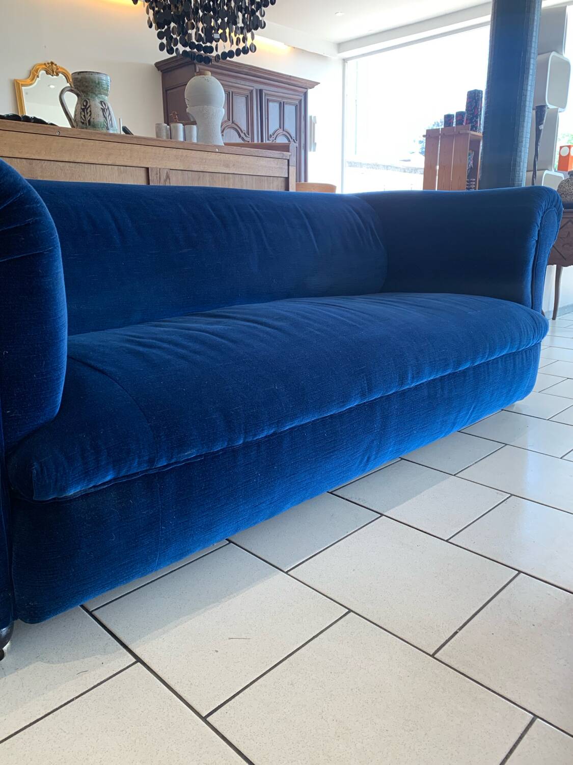 English Velvet Sofa, Blue, Circa 1950s Vintage