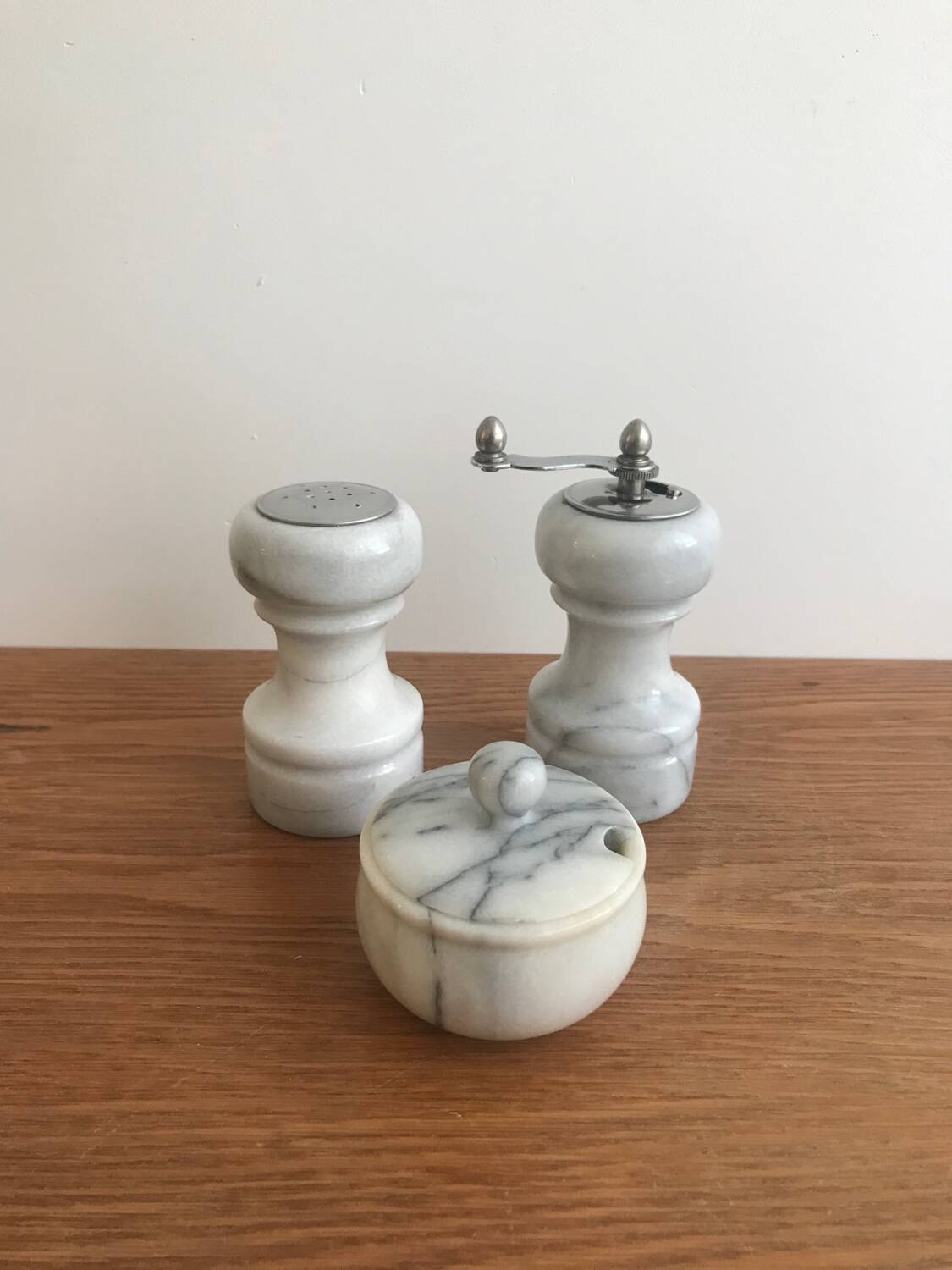 Vintage white marble salt/pepper/mustard shaker set