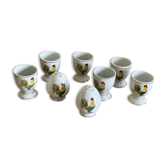 6 coquetiers décor coq salière poivrière porcelaine