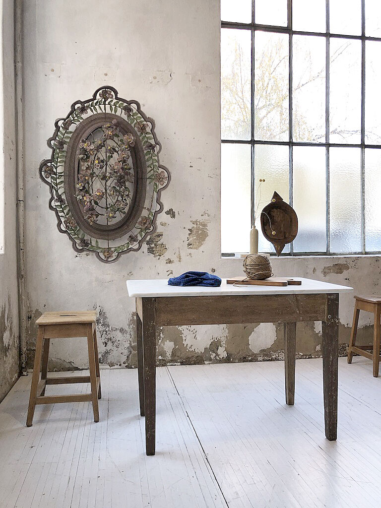 Oak and marble farm table