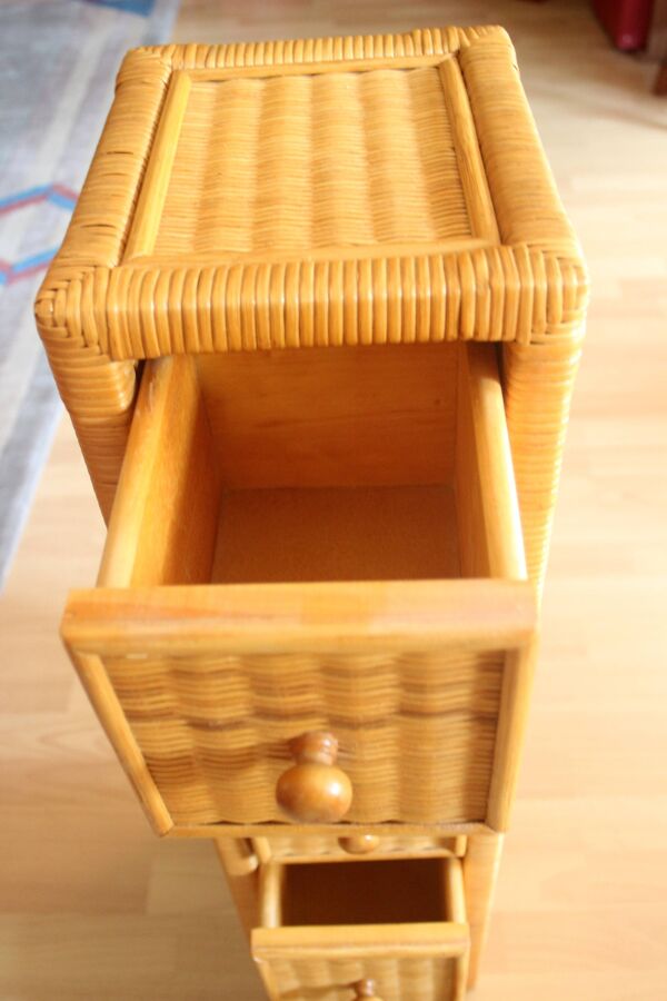 petit cabinet avec 5 tiroirs en bambou, bois et rotin - vintage