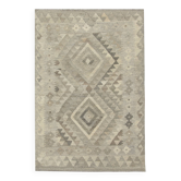 Tapis Kilim en laine fait main, tissage plat tribal géométrique gris 84 x 121 cm