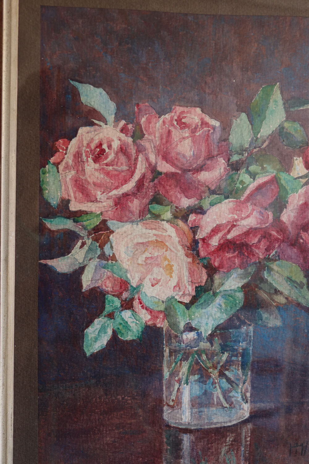 Framed watercolour of roses, signed.