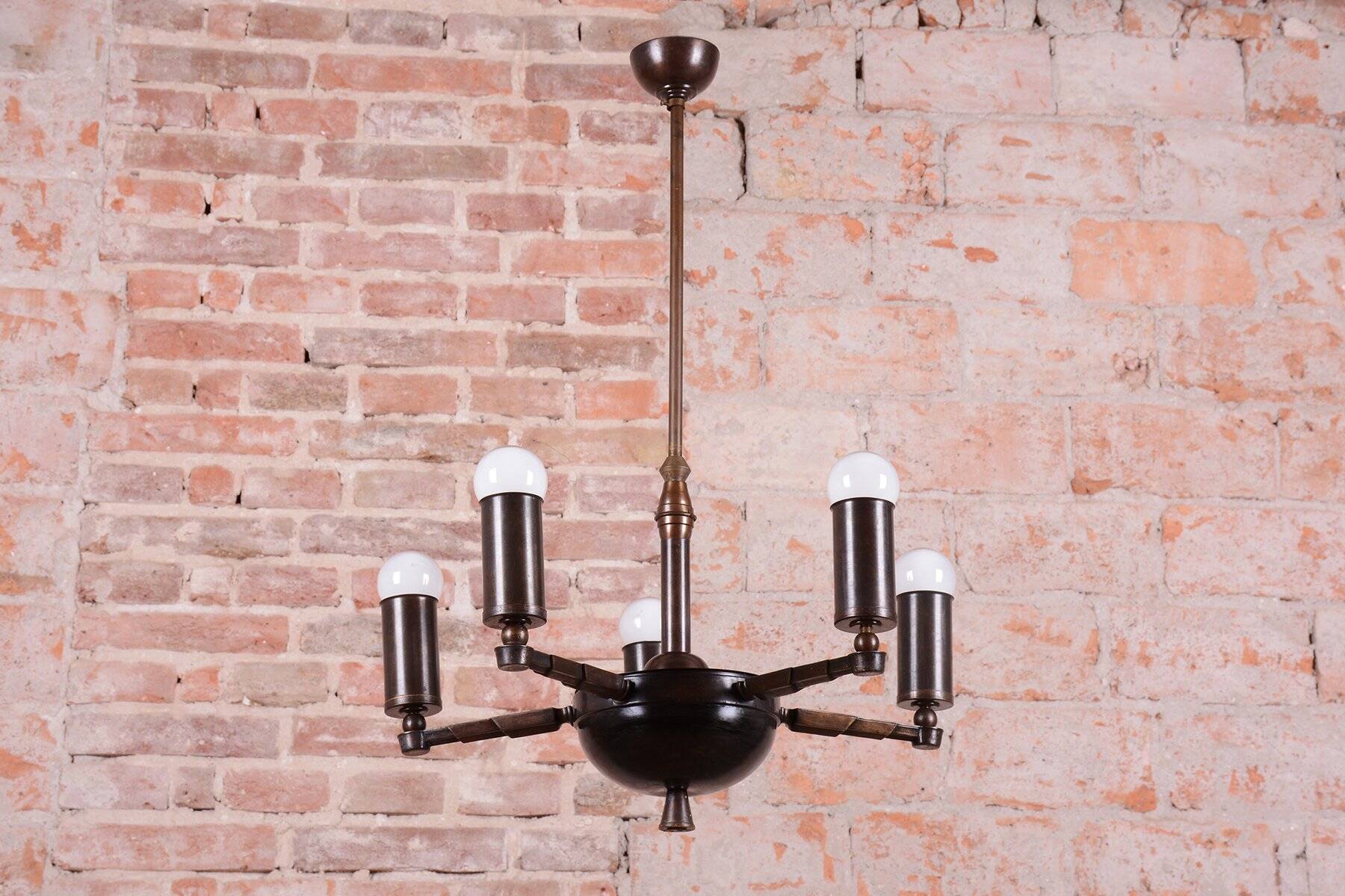 Cubist Chandelier in Brass and Bronze, Czech, 1910s