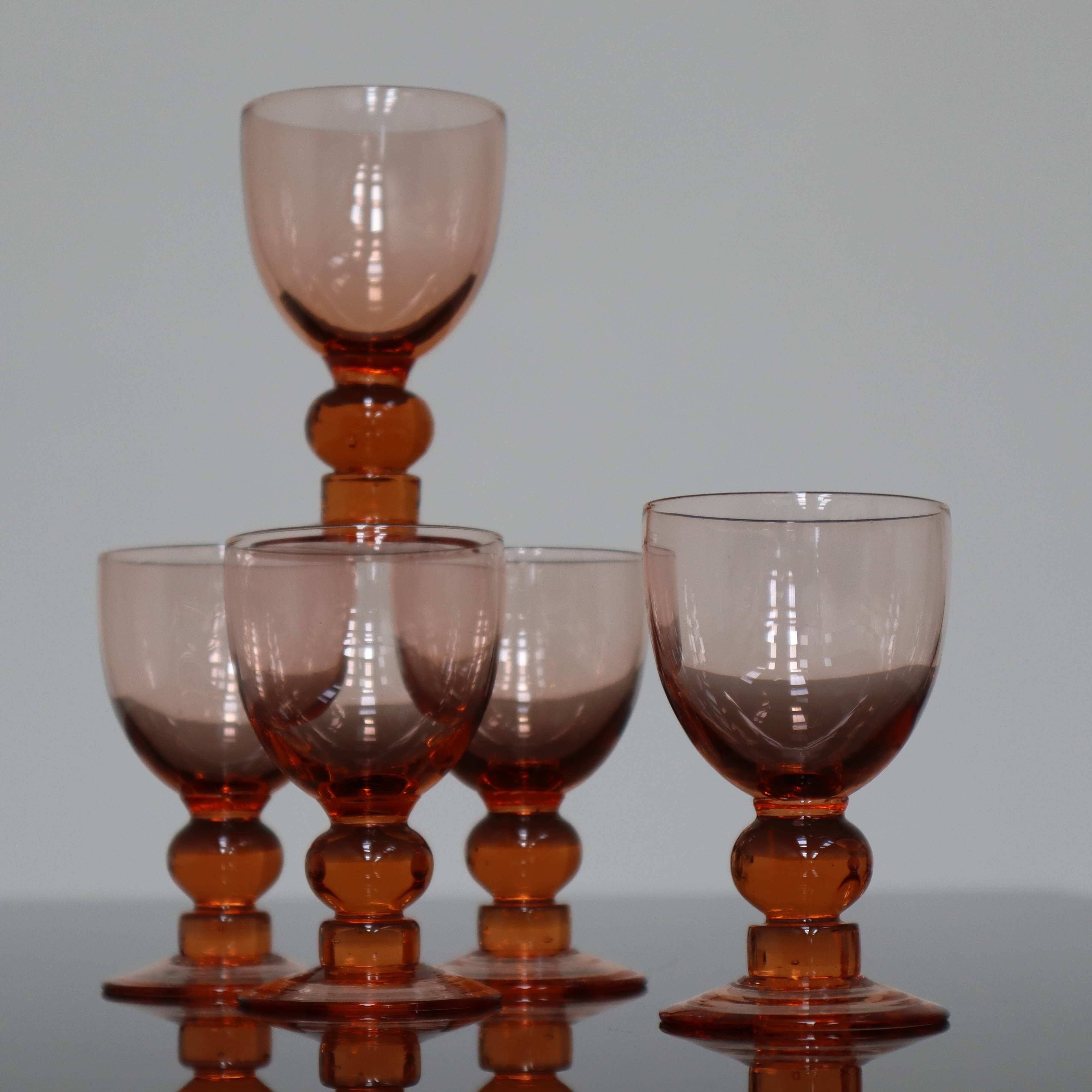 5 vintage pink stemmed antique glasses