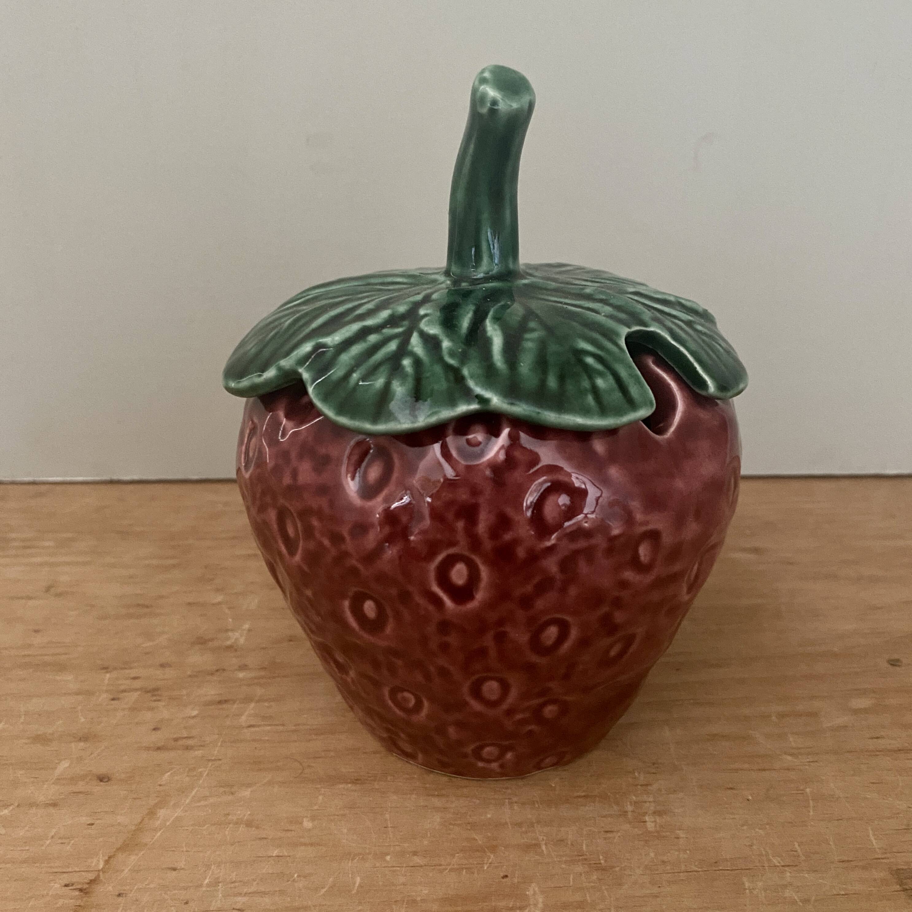 Mustard pot or vintage jam maker in strawberry slip