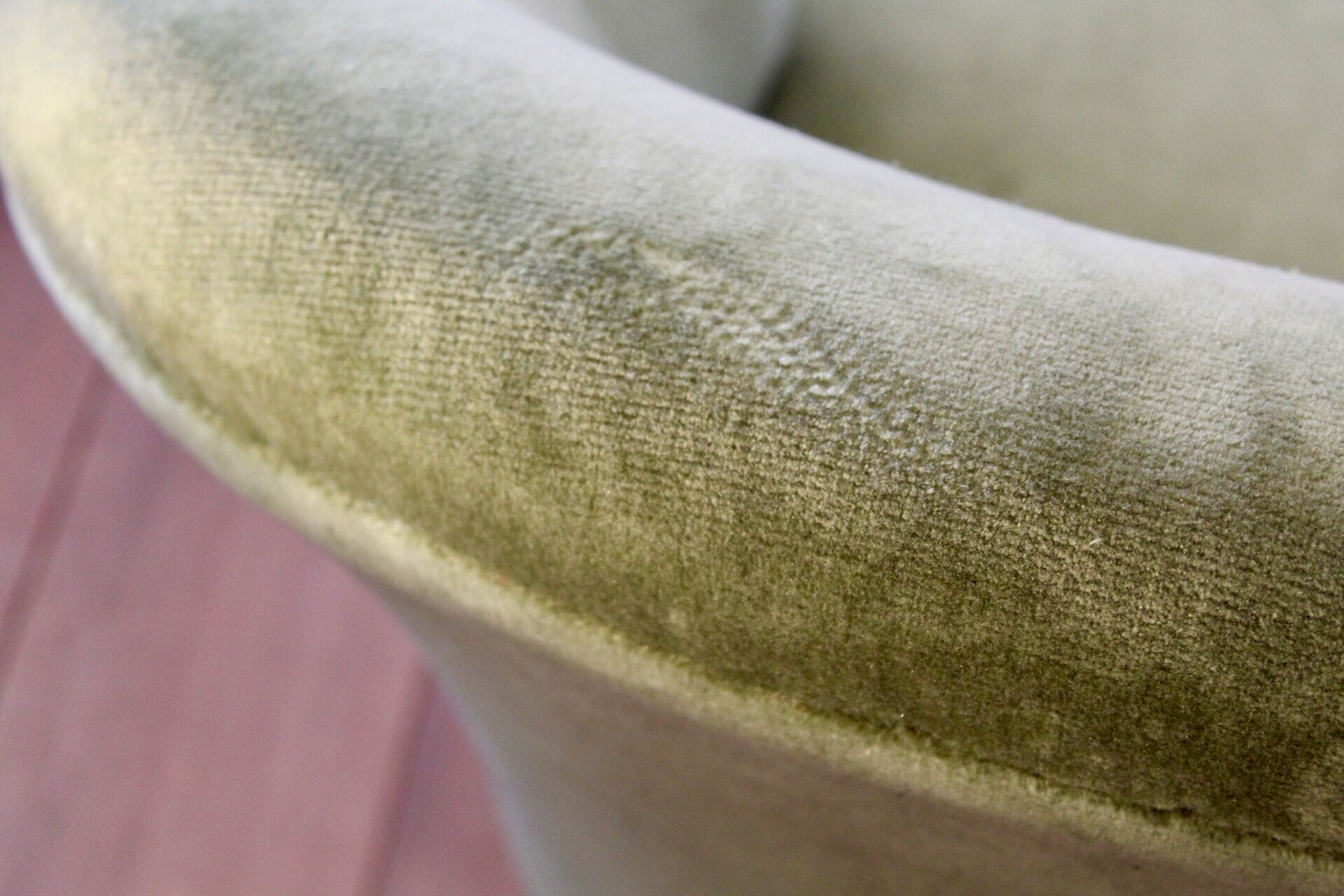Toad in almond green velvet armchair on castors