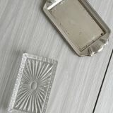 Metal butter dish and thick rectangular glass bowl.