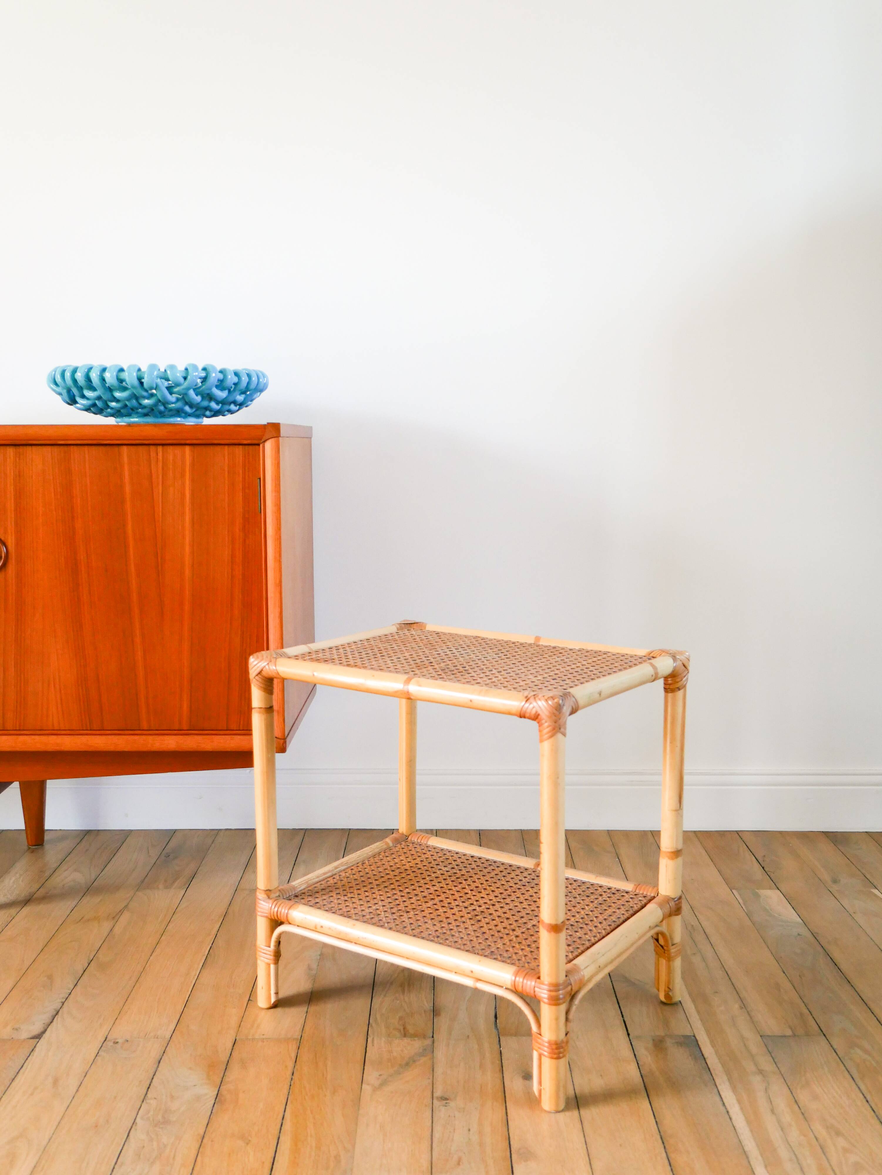 Rattan and cane bedside table, 1960