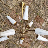Suspension sputnik, 8 lights, brass, tulips opaque glass, vintage, 50s