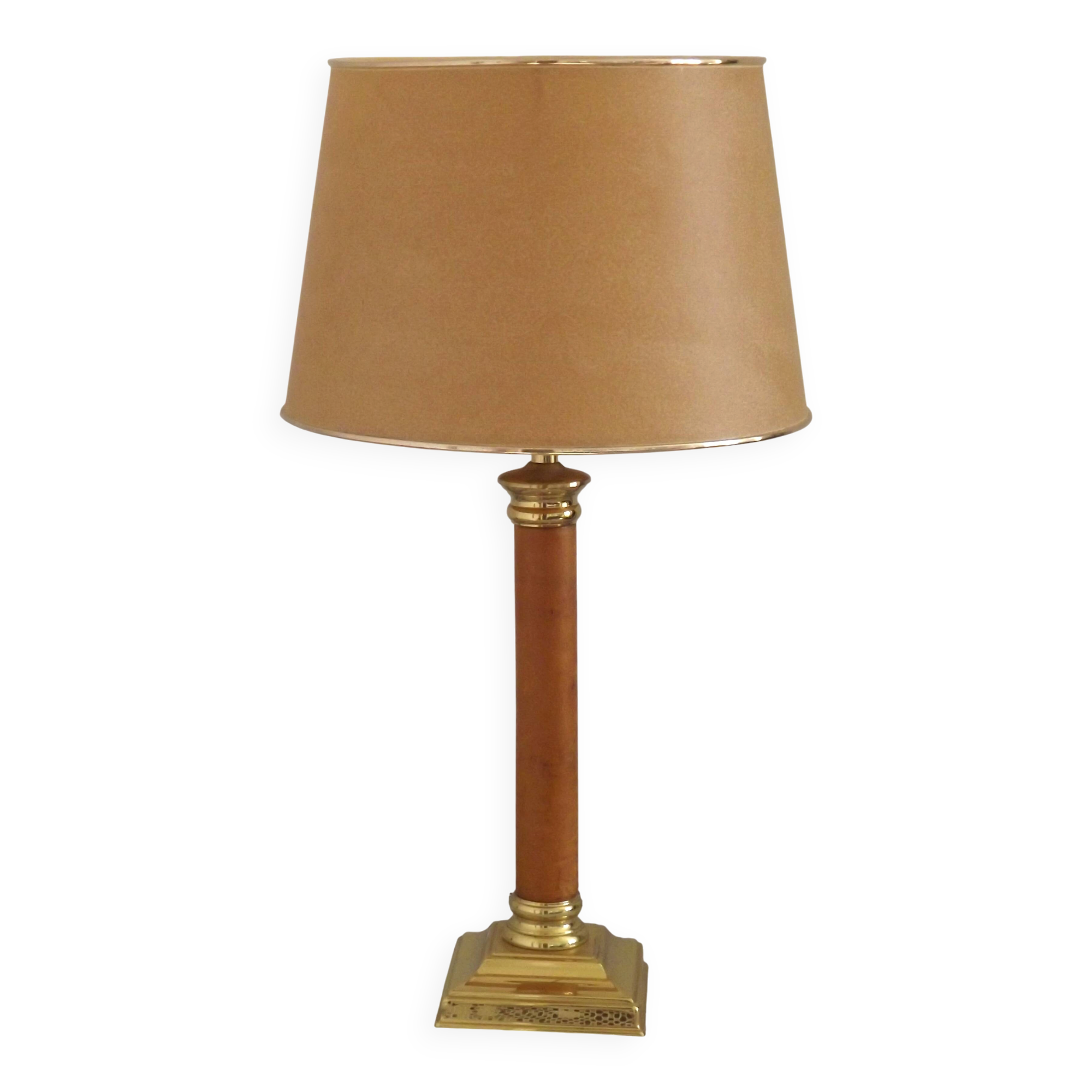 Tall French Mid Century Table Lamp Square Base With Beige and Gold Shade