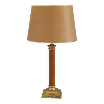 Lampe de table base carrée et abat-jour beige et doré, France années 50