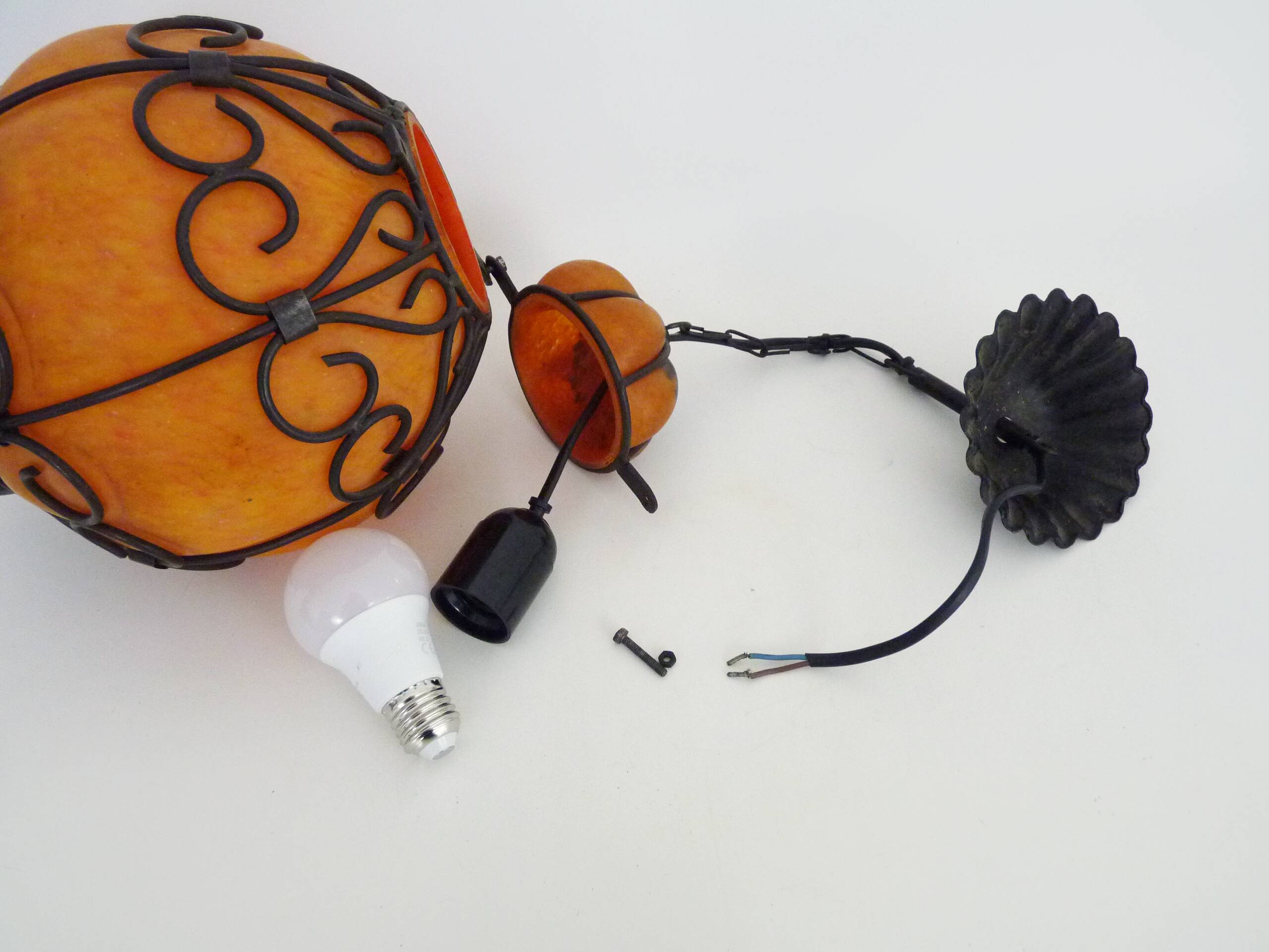 Venetian cage lantern suspension in orange and blue glass paste. Venetian lantern