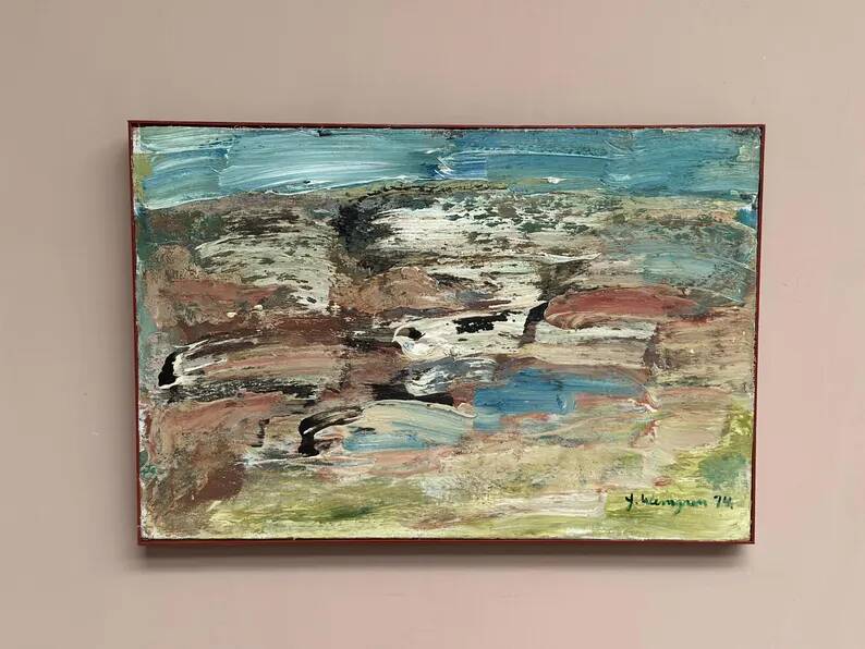 Huile sur toile originale suédoise - 'Komposition' par Yngve Werngren - Signée et datée 1974 - Vintage et encadrée - 53 × 36 cm (20,9" × 14,2")
