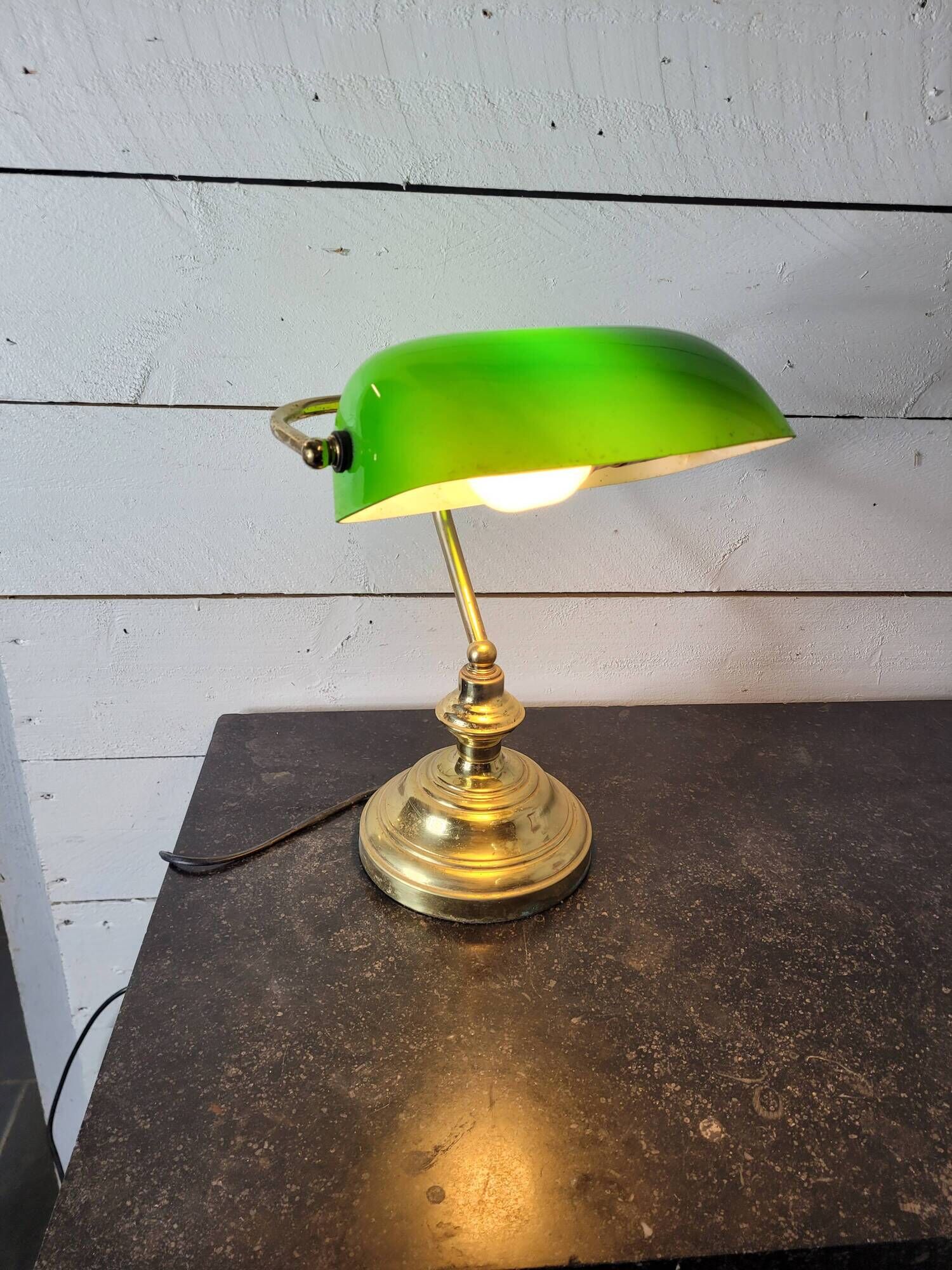 Vintage brass desk lamp with glass shade