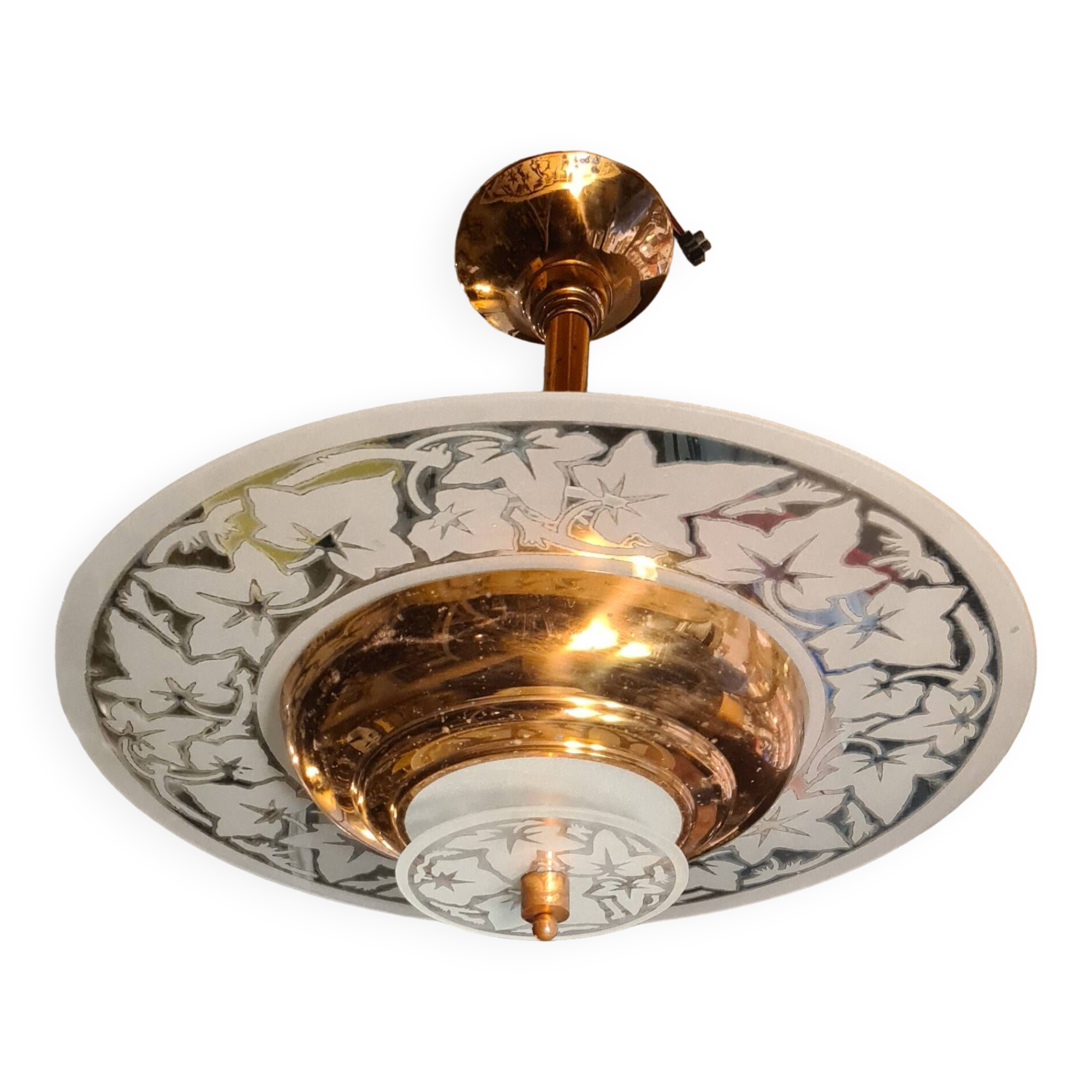 art deco suspension chandelier 1920 a 40 copper and glass very good condition 45xl49 not common