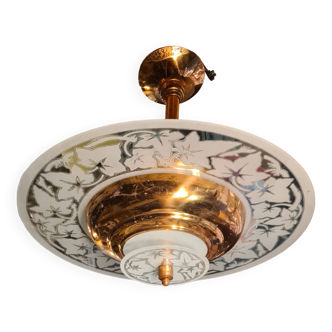 lustre suspension art deco  1920 a 40     cuivre et verre tres bon etat   45xl49 pas commun