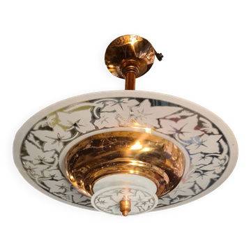 lustre suspension art deco  1920 a 40     cuivre et verre tres bon etat   45xl49 pas commun