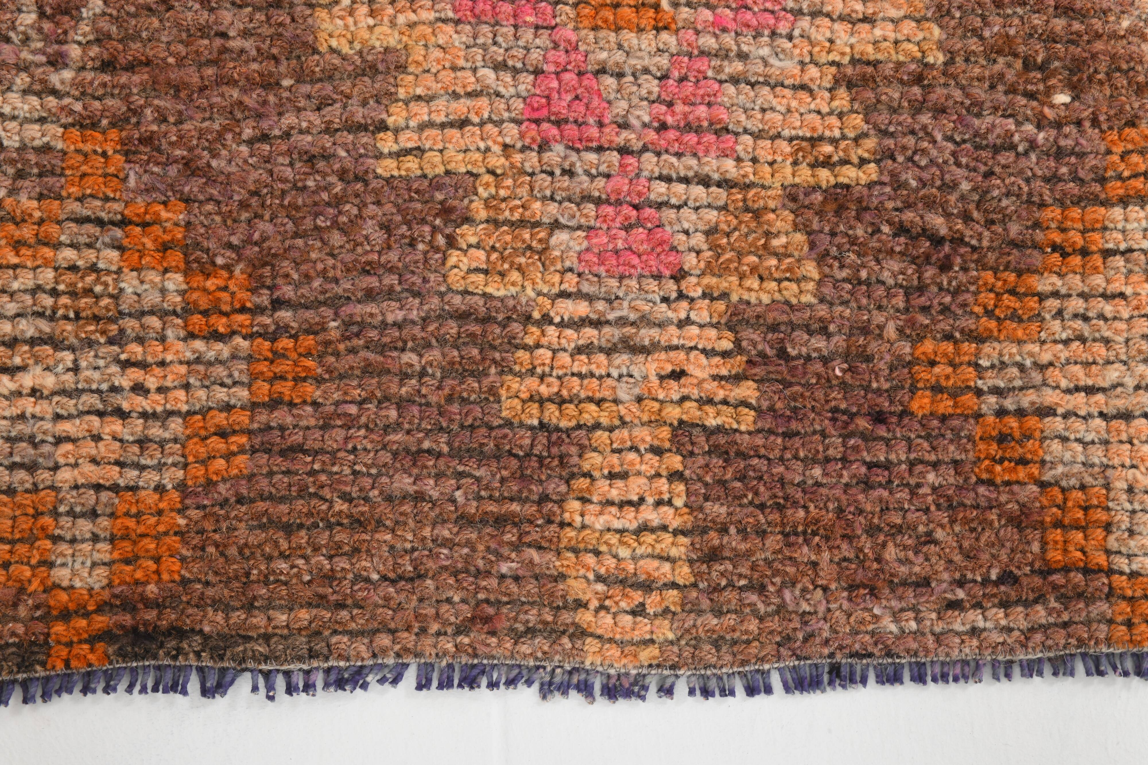 3x7 Brown Hot Pink Turkish Vintage Runner Rug, 92x227Cm