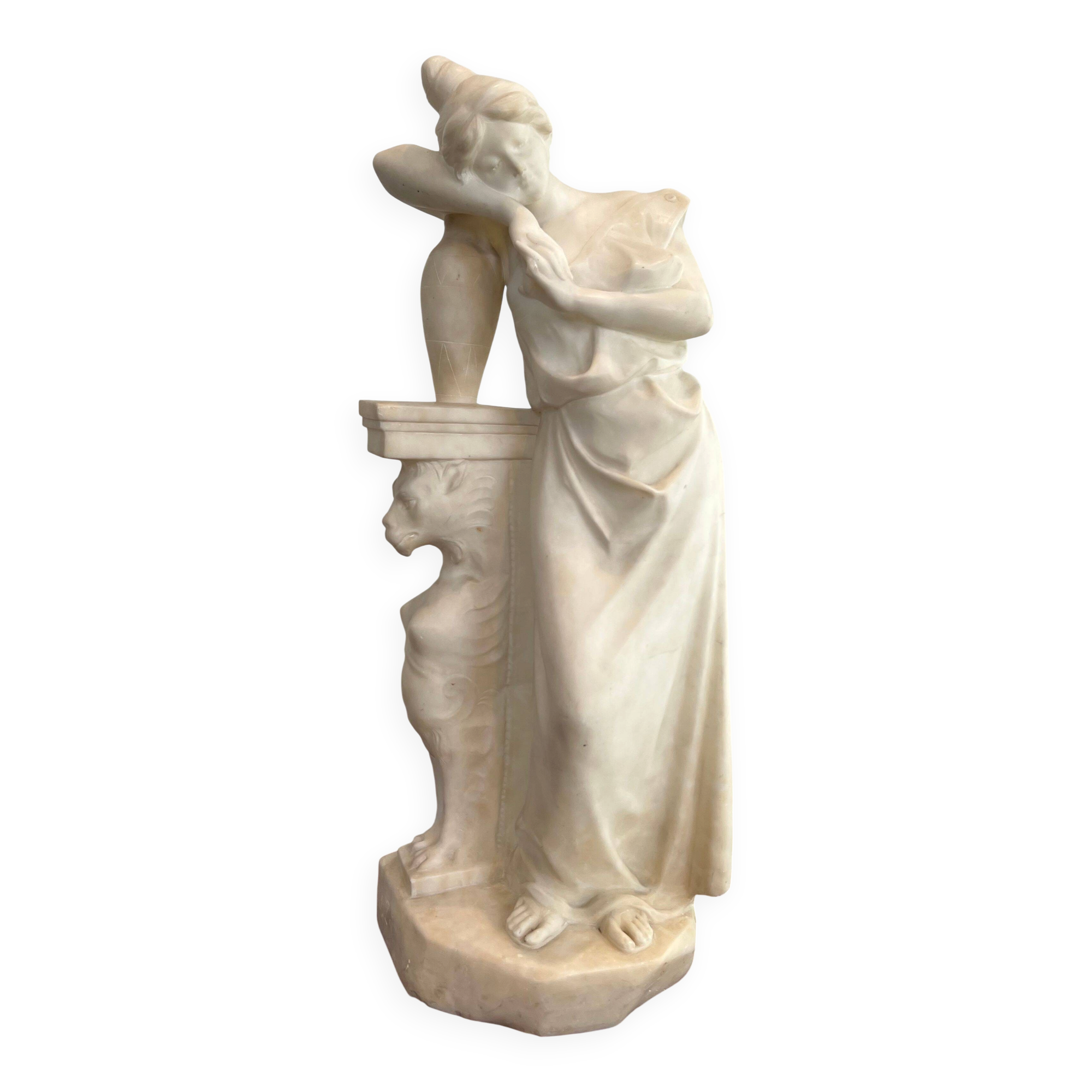 Sculpture en marbre de Carrare représentant une jeune fille romantique à la cruche signé Dante Zoi de Florence, Italie XIXème siècle