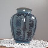 Decorative vase in blue glazed ceramic with floral decoration and arabesques, circa 1930