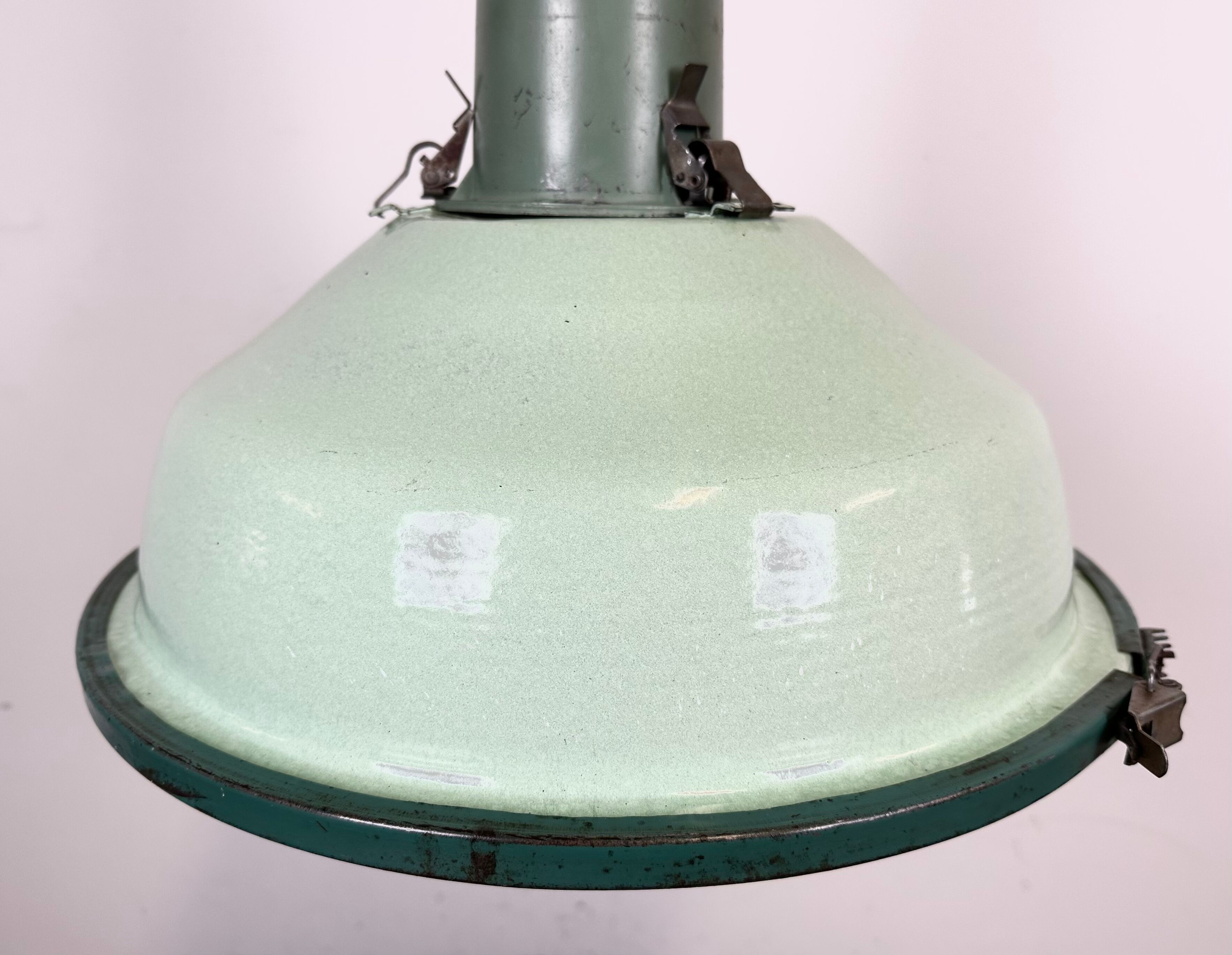 Industrial soviet green enamel pendant light with glass cover, 1960s