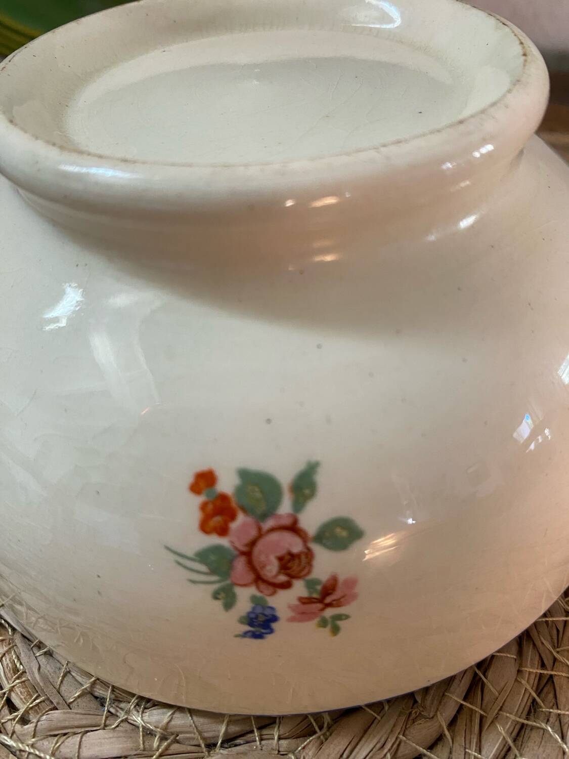 Flowery bowl with blue edging.