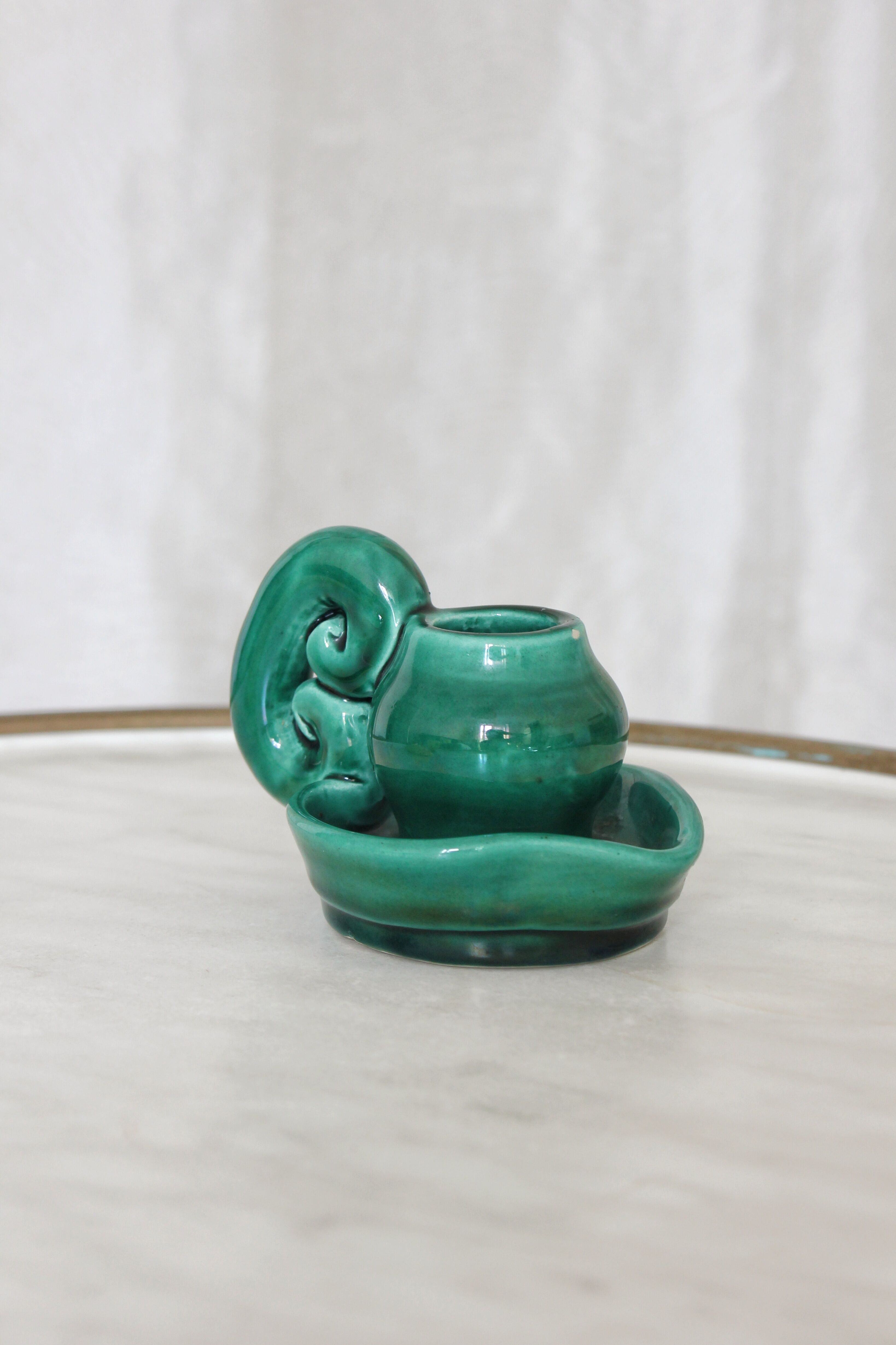 Vintage green slip ceramic candle holder
