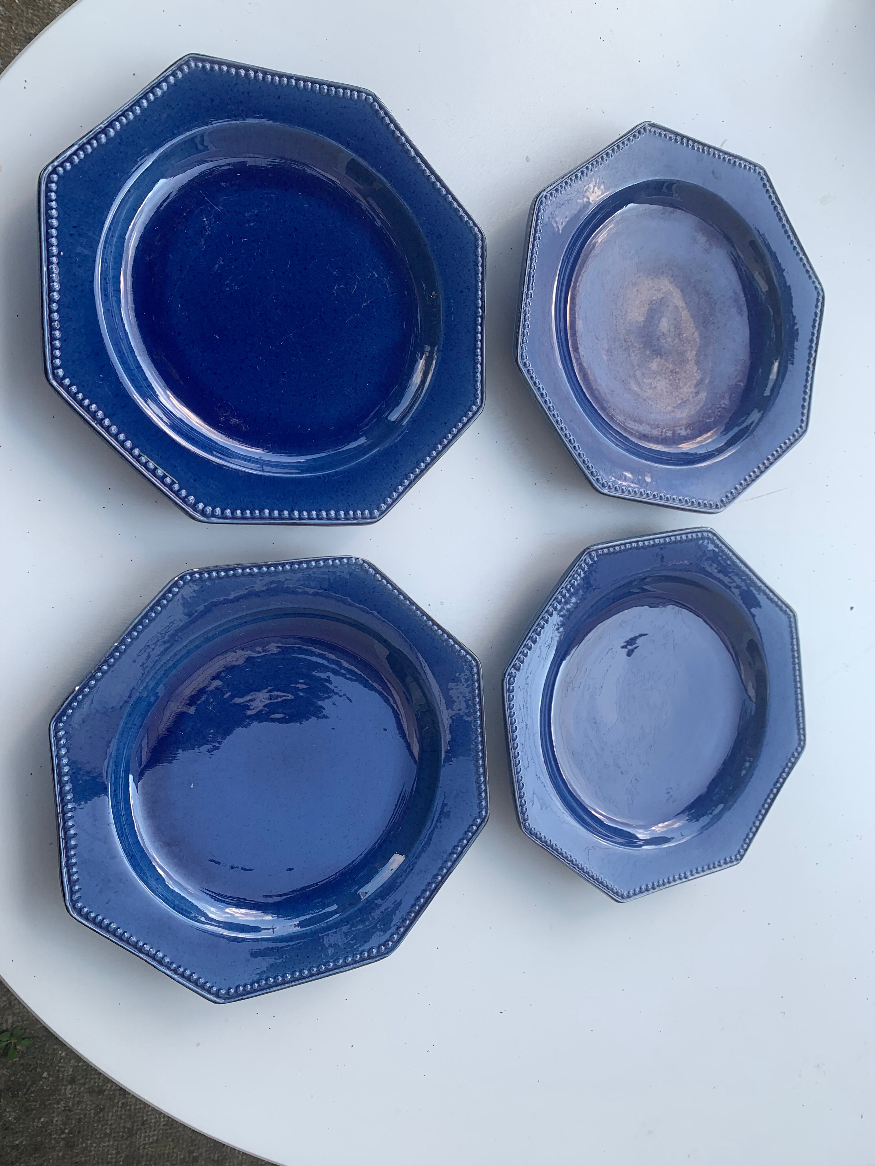 4 octagonal flat plates terre de Provence blue ceramic glazed vintage