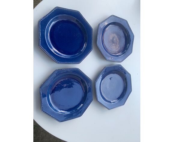 4 assiettes plates octogonales terre de Provence bleues céramique émaillée vintage