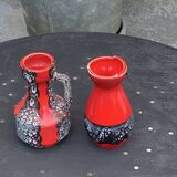 Set of two vases, soliflores in designer red and gray enameled ceramic, Vallauris style