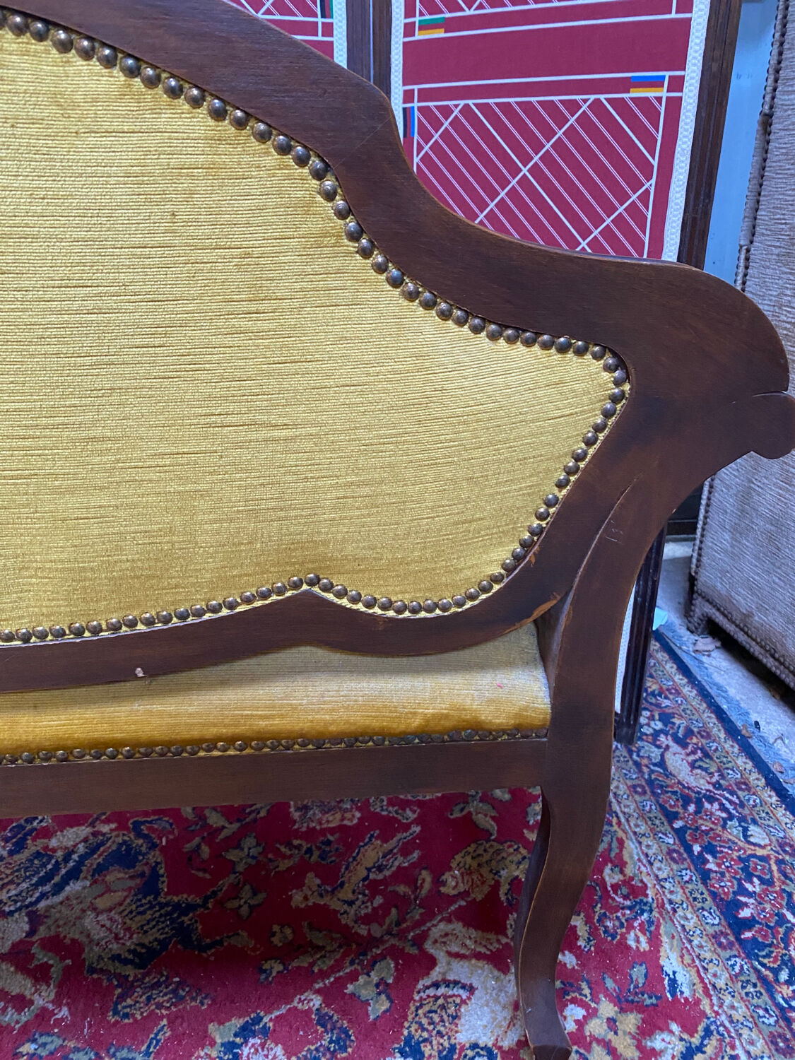 Louis XV style bench upholstered yellow velvet