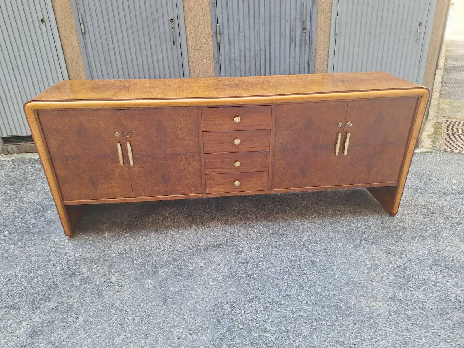 Vintage Sideboard in in Walnut Root and Maple Wood with Brass Details, 1940s