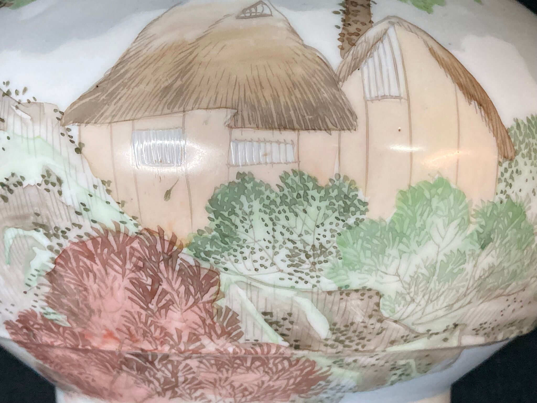 Pair of porcelain ball vases with cottage decor, late 19th century