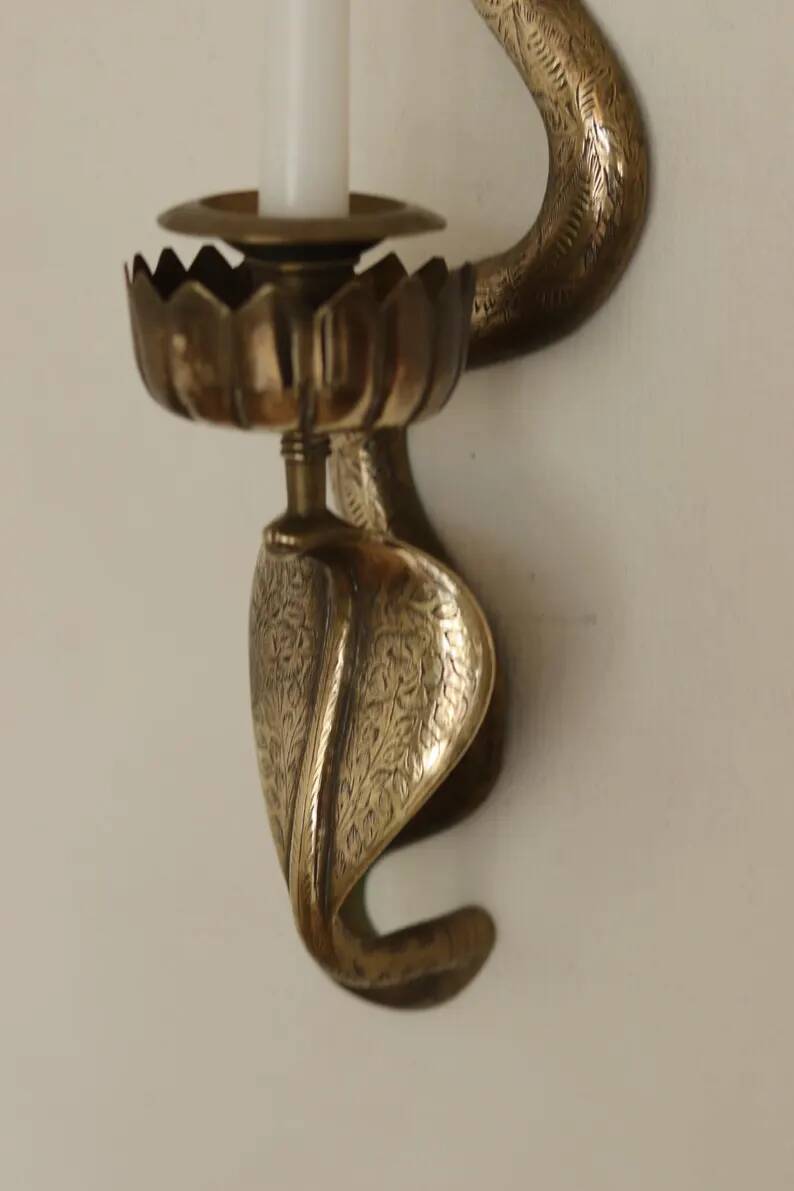 Pair of Egyptian Revival Style Engraved Brass Cobra Sconces