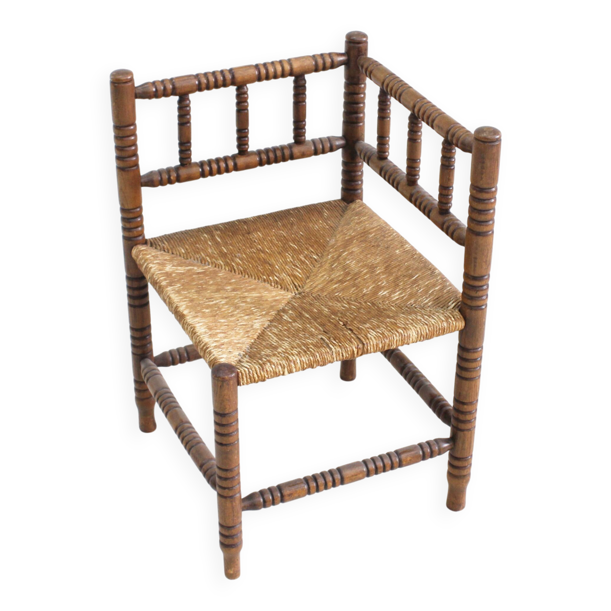 Vintage Bobbin bench with rush seat 1920s