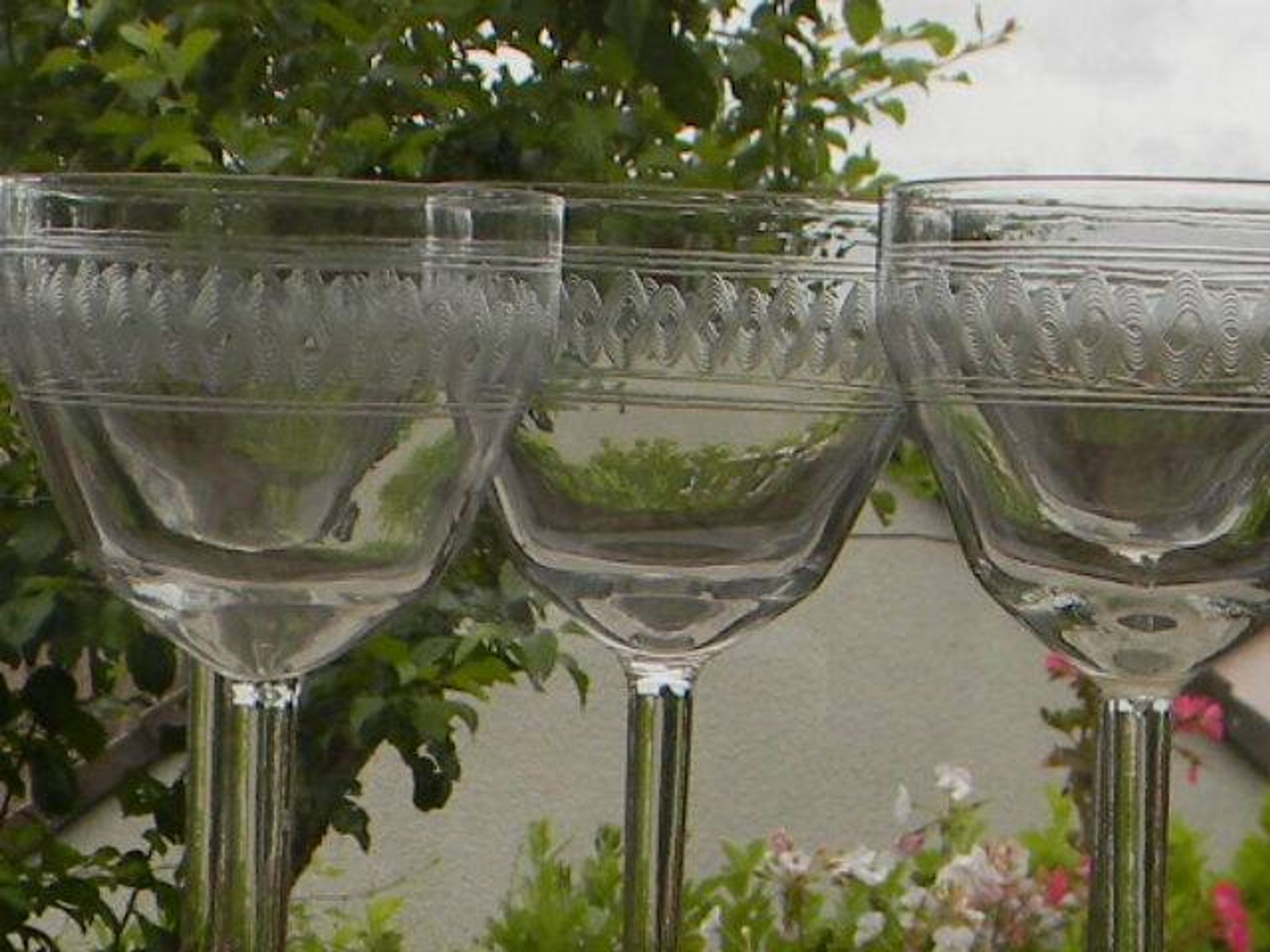Lot de 5 verres à eau anciens en verre frise gravée.