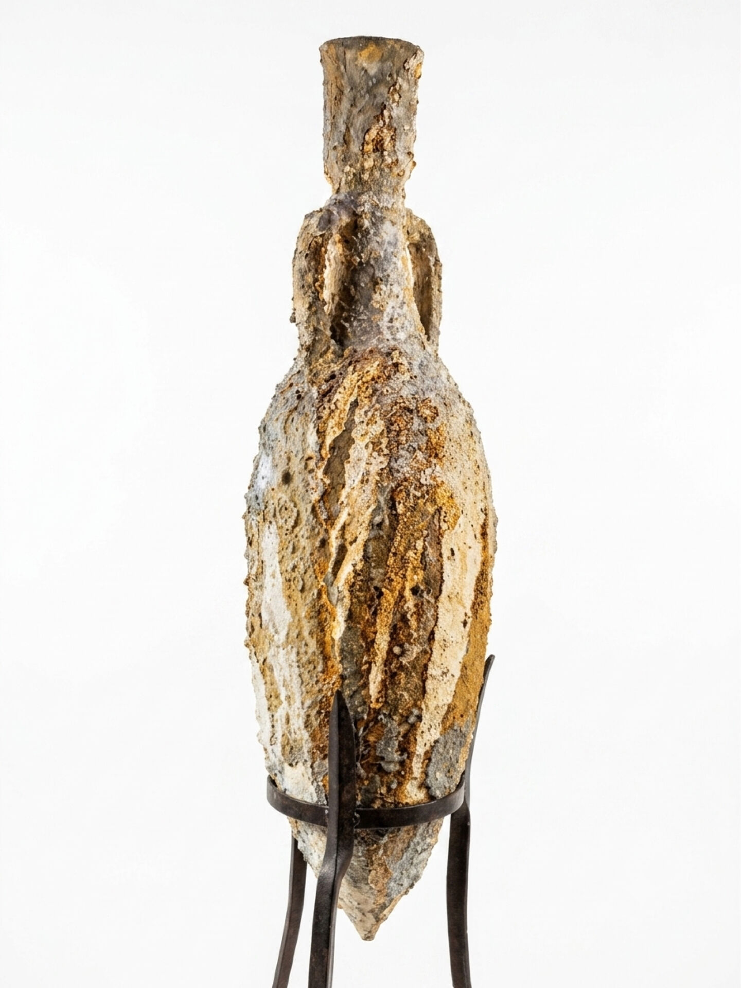 Genuine Roman amphora from marine excavation with its forged iron base.