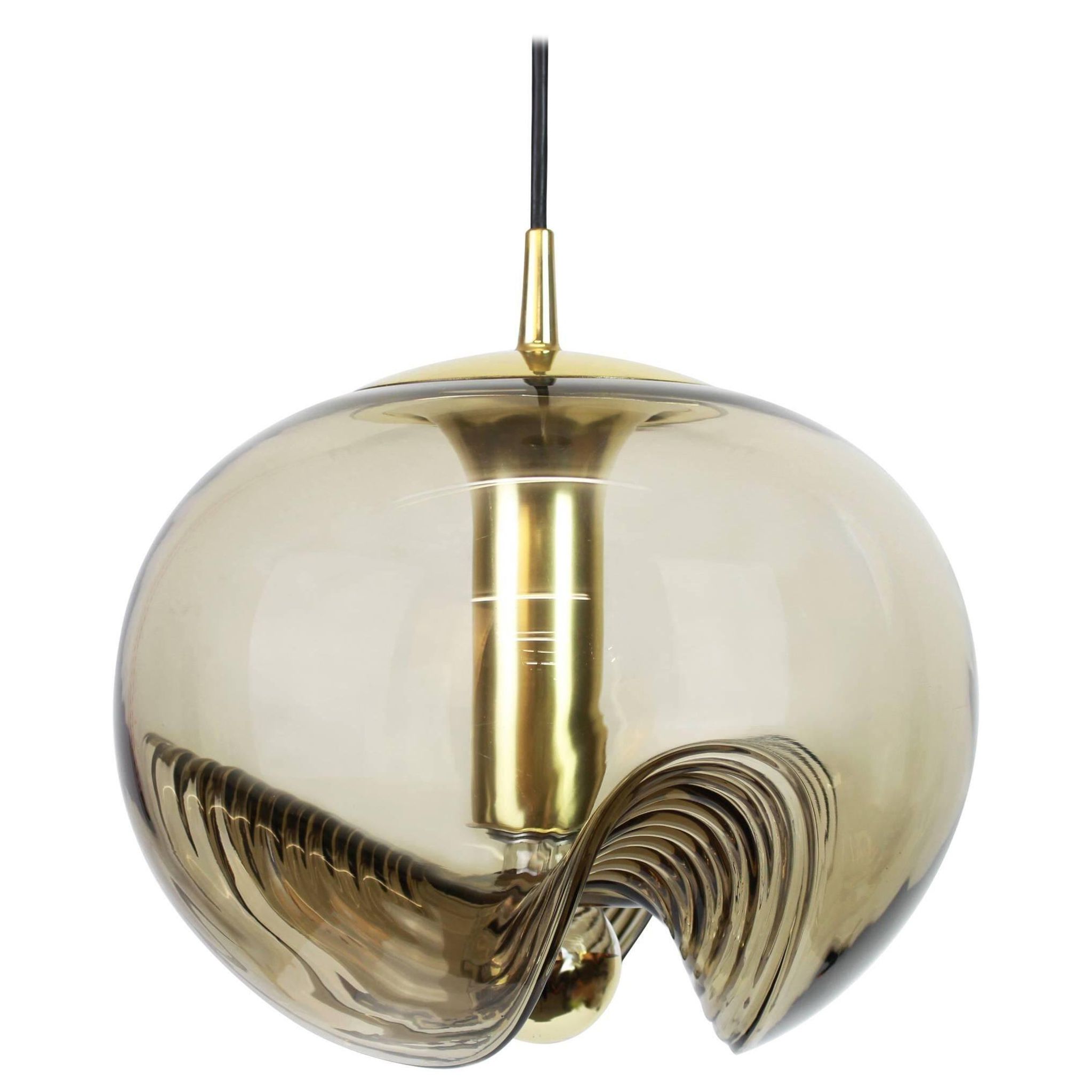One of the four large smoked glass pendants by Peill & Putzler, Germany, 1970s.
