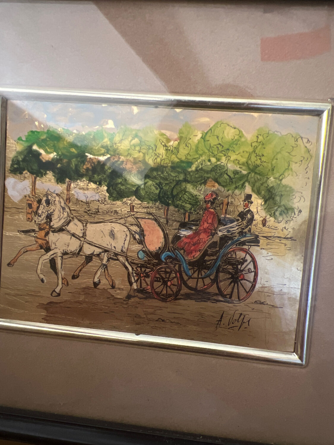 Painting on the gold leaf "La Caleche"