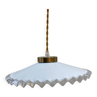 White opaline pendant light with transparent serrated edges