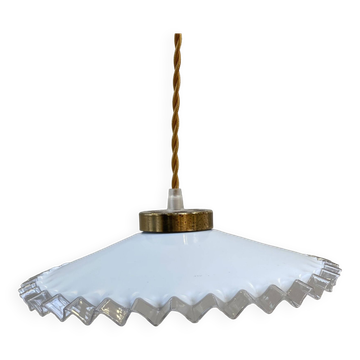 White opaline pendant light with transparent serrated edges