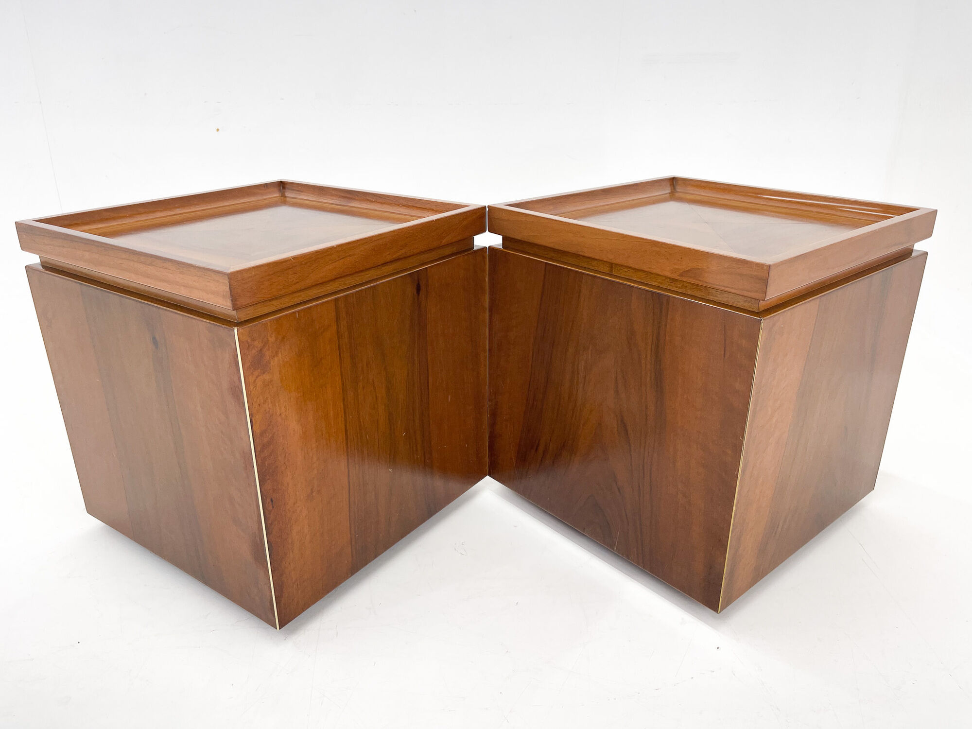Set of walnut veneer side or night tables with brass detail, Italy 1950s