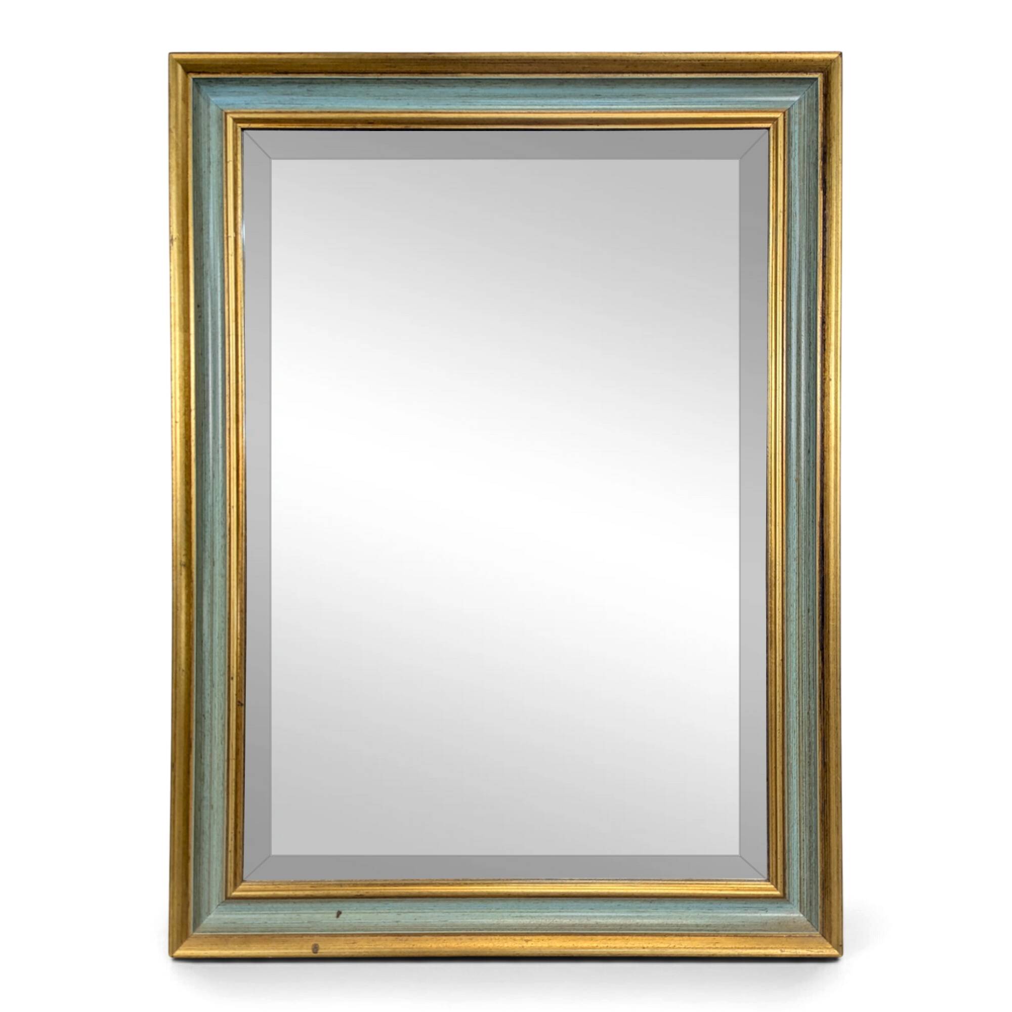 Rectangular mirror with a green and gold lacquered frame.