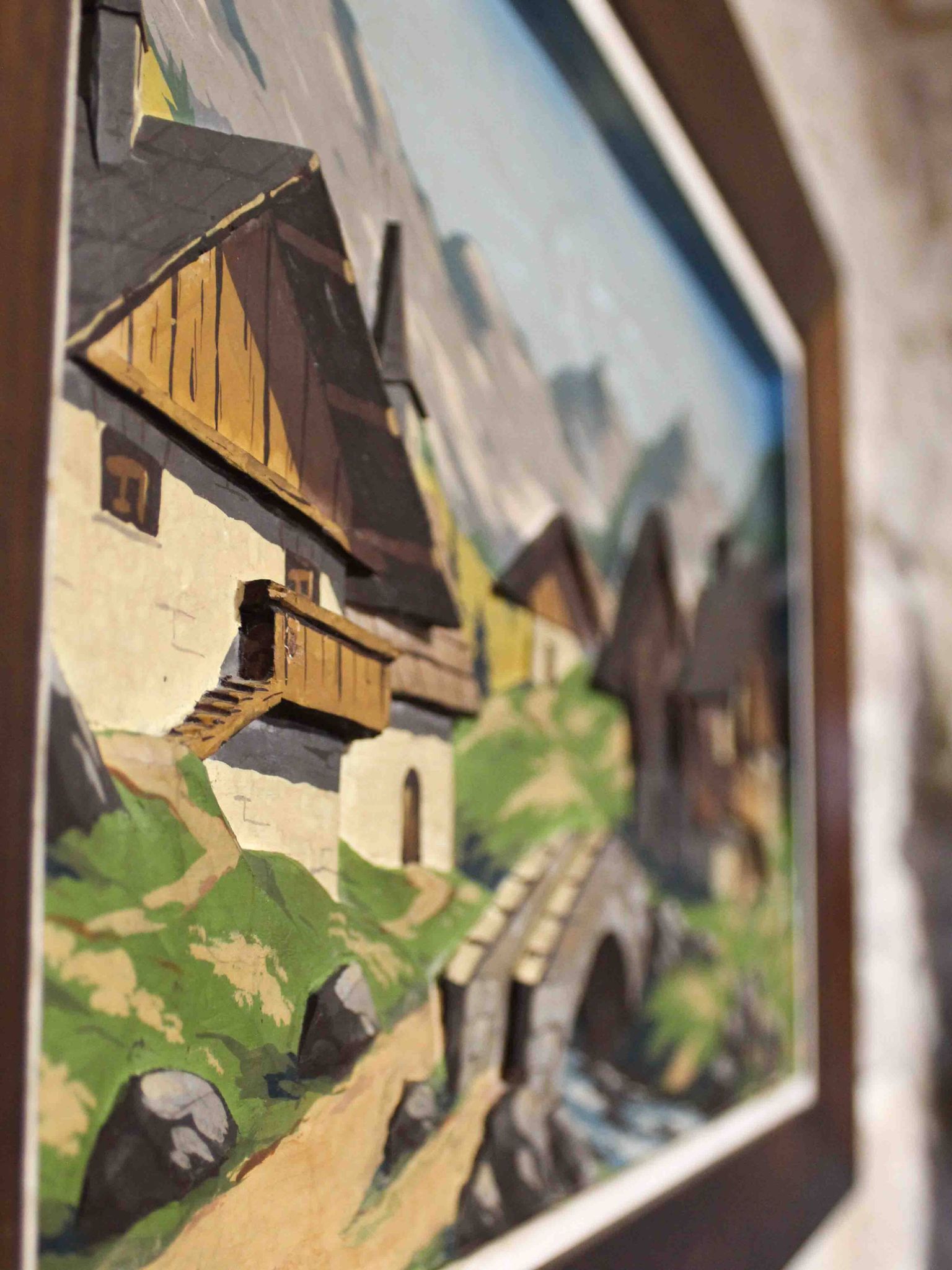 Oil on carved panel in relief, Alpine chalet