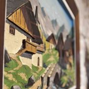 Oil on carved panel in relief, Alpine chalet