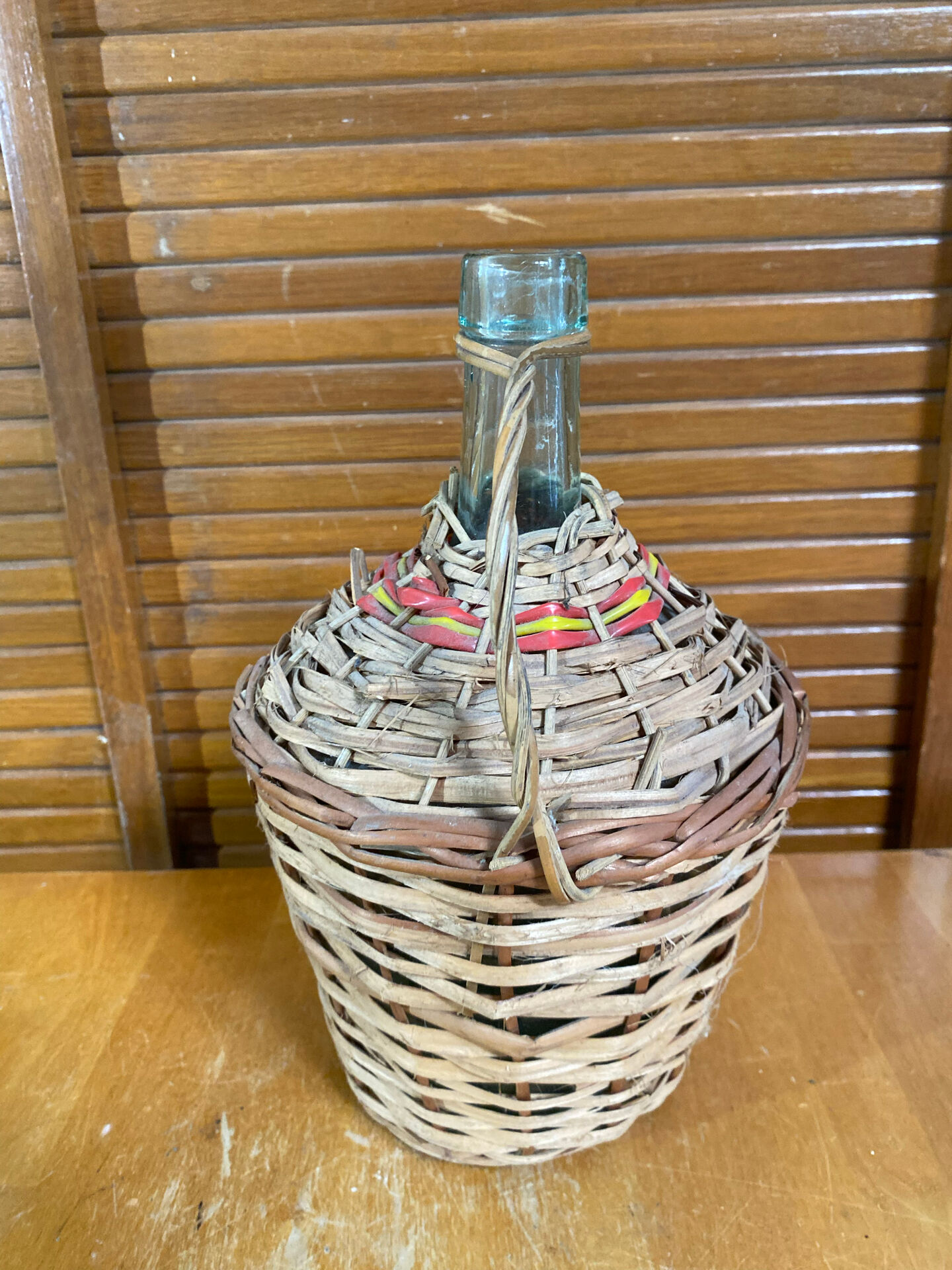 Old Dame Jeanne Bottle Glass + Woven Rattan Vintage #E527