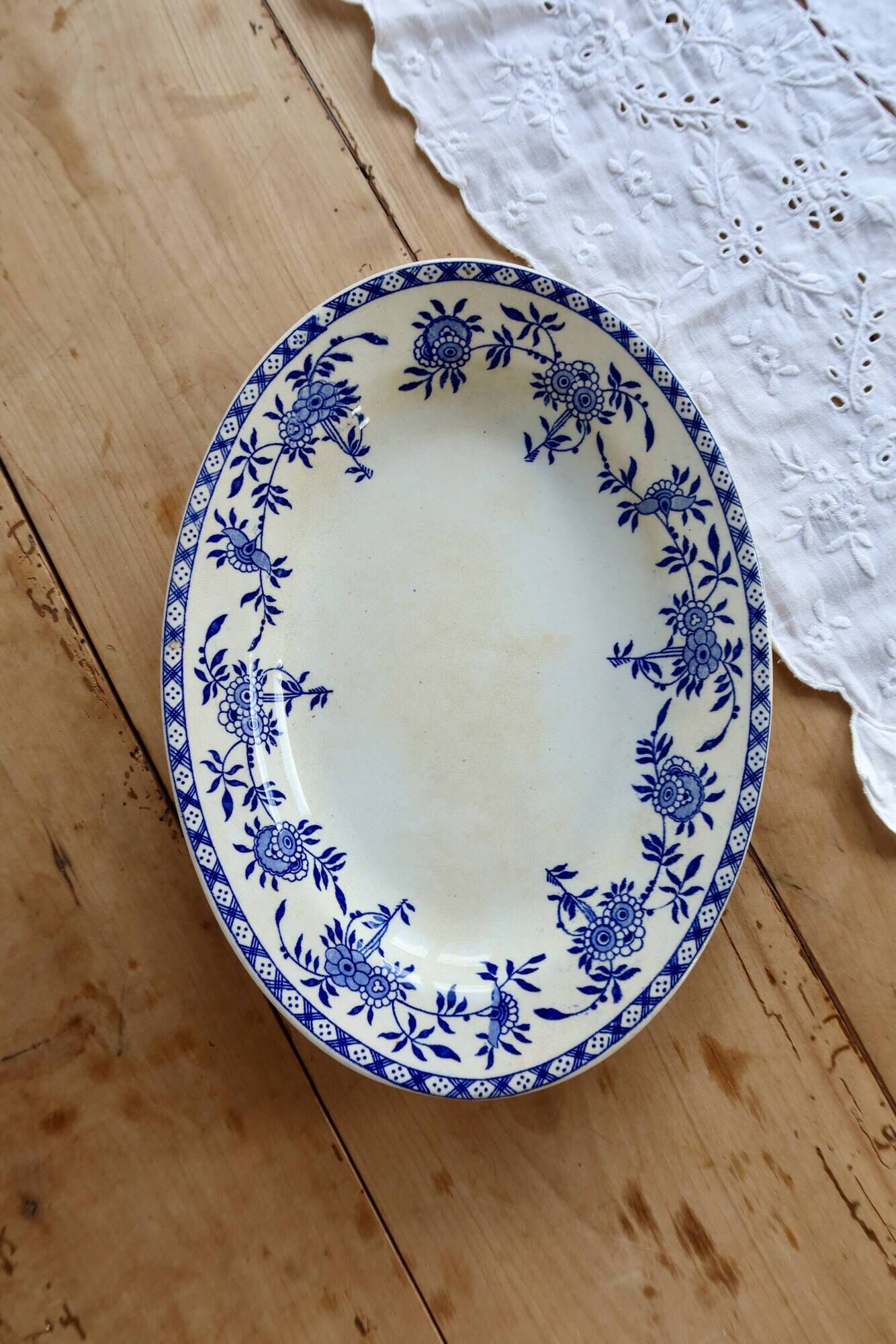 Antique oval plate, Dresden porcelain, blue and white – Baroque floral decoration