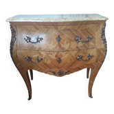 Commode sauteuse galbée style Louis XV-Marqueterie florale et marbre-TBE