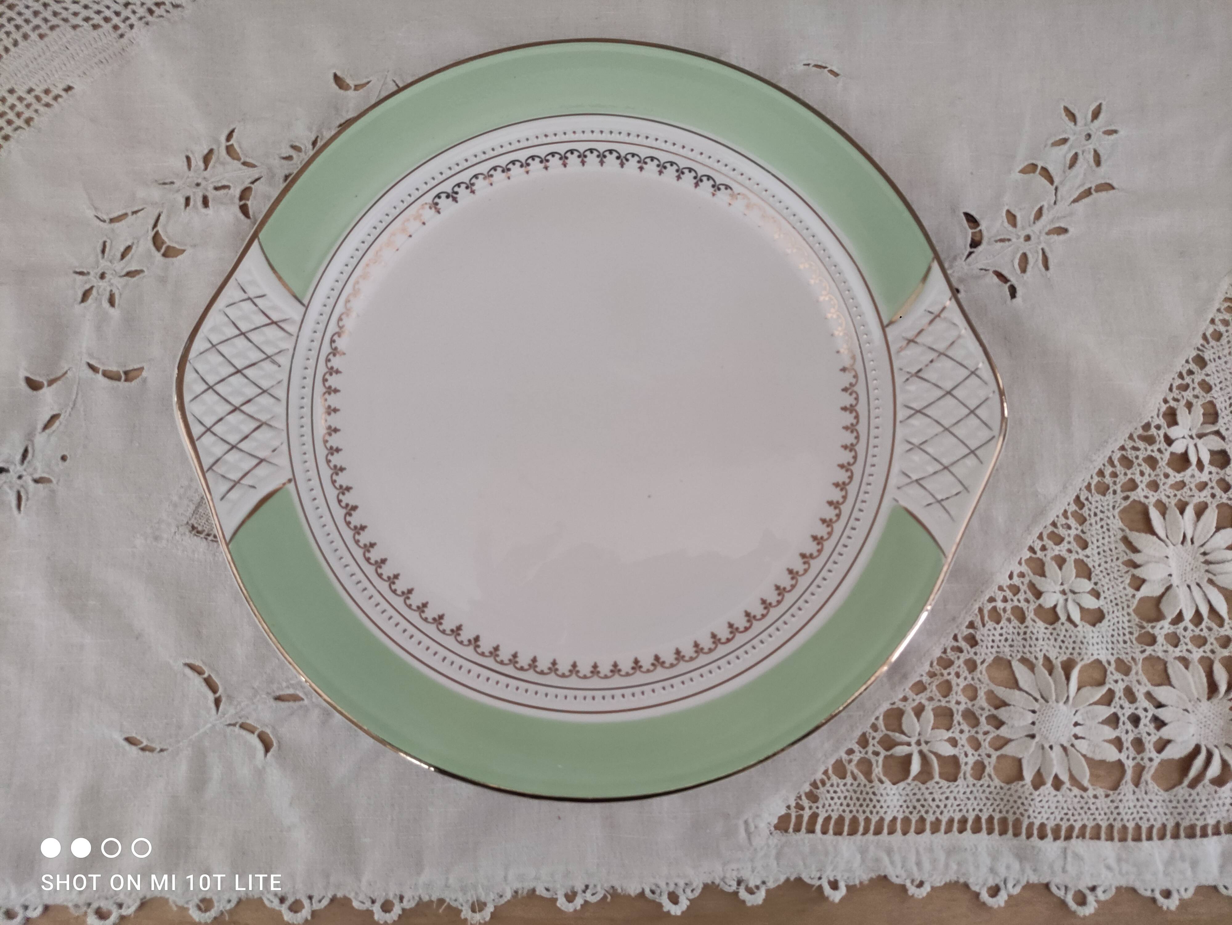 Pie dish with ears in water green and golden frieze l'Amandinoise